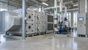 Sala de máquinas de climatización comercial e industrial con un manejador de aire, baterías de aletas, bombas, tuberías aisladas y un pasillo de servicio despejado