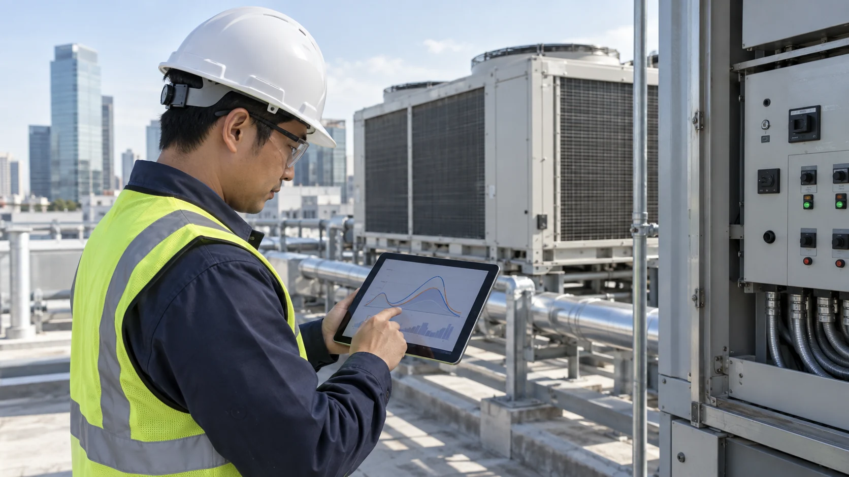 Asian mechanical engineer reviewing HVAC load curves and utility schedules beside rooftop equipment