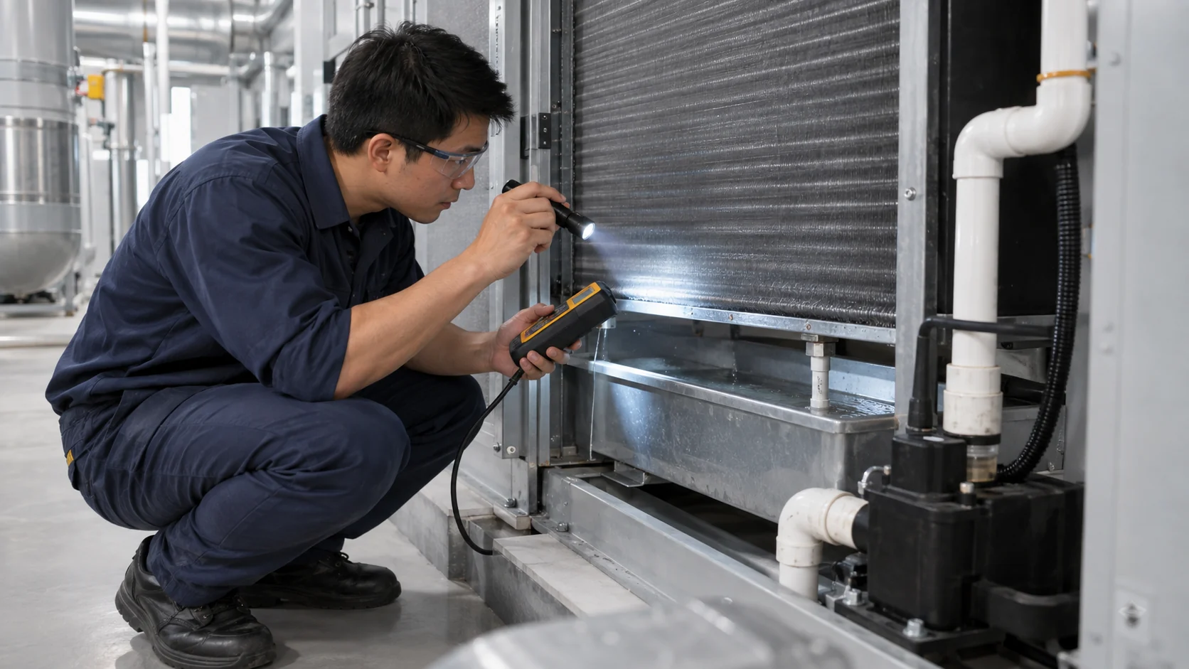Asian maintenance technician inspecting an HVAC coil, drain pan and pump seal with a handheld meter