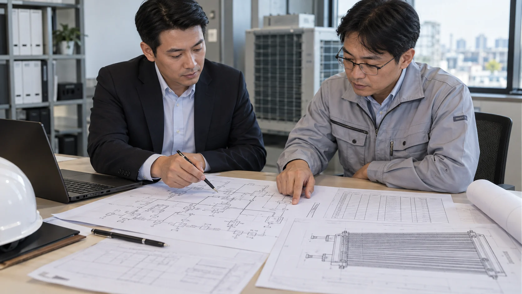 Asian procurement manager and mechanical engineer reviewing an HVAC RFQ with P&ID and coil drawing