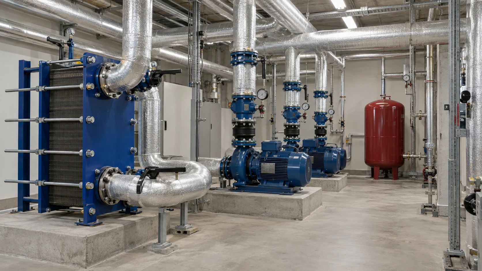 Water-cooled HVAC plant with plate heat exchanger, chilled-water pumps, valves, expansion tank and insulated piping