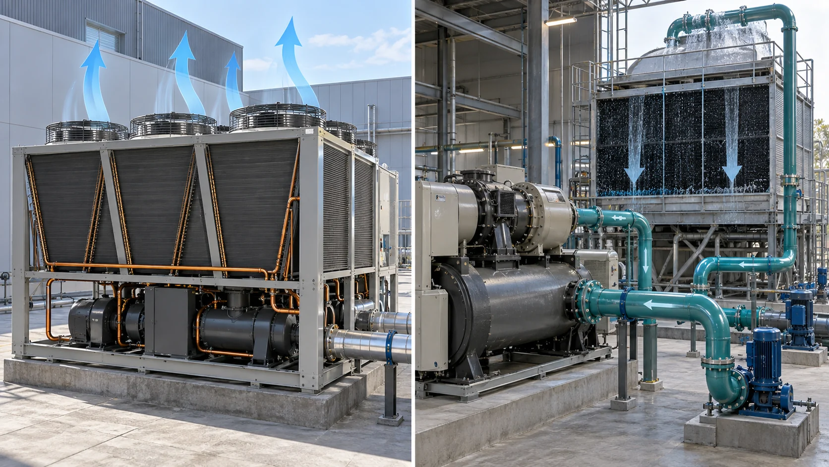 Air-cooled versus water-cooled industrial chiller comparison Side-by-side engineering comparison of air-cooled and water-cooled industrial chiller heat-rejection paths with condenser fans versus cooling tower loop