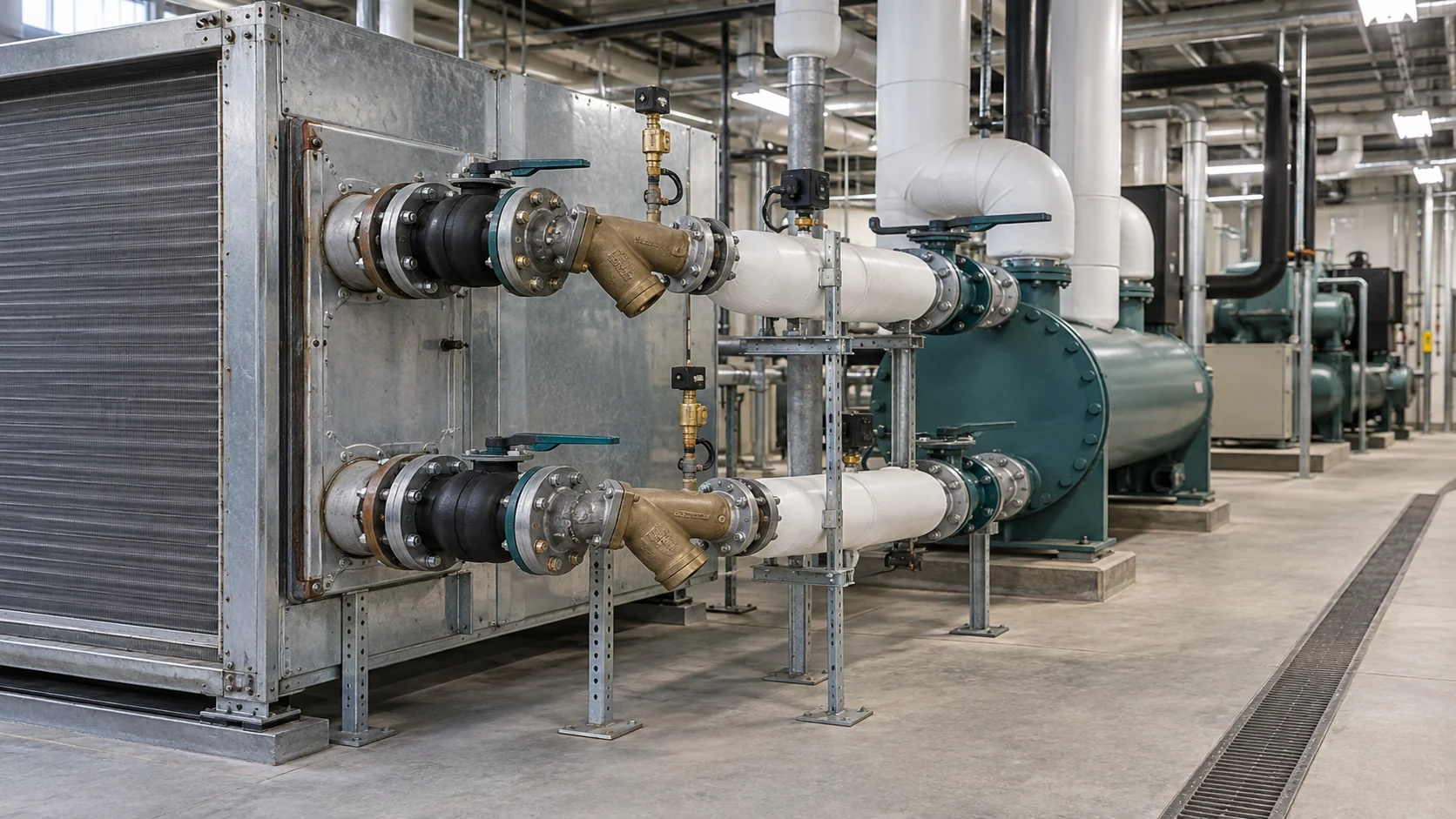 Industrial chiller coil and heat-exchanger interface Process heat exchanger and air-handler coil interface connected to an industrial chiller loop, flanged headers, strainers and isolation valves visible