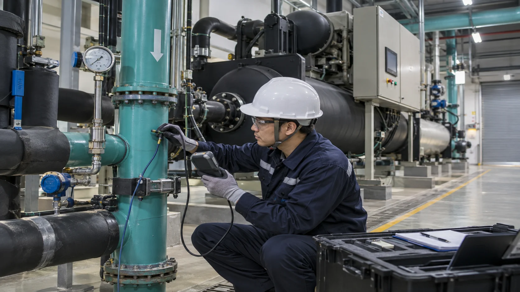 Industrial chiller commissioning and performance test Asian commissioning engineer measuring process-fluid supply and return temperatures, flow and pressure at a running industrial chiller