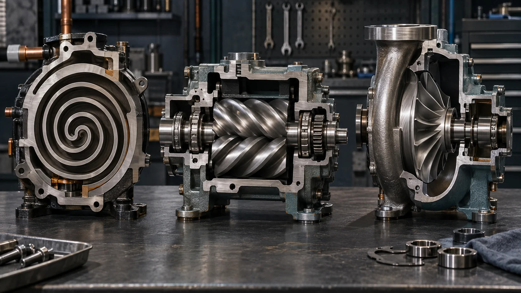 Industrial chiller compressor technology options منظر تقني قريب لأجزاء الضواغط الحلزونية واللولبية والطردية الداخلية، مرتبة على طاولة عمل هندسية من دون شعارات أو ملصقات