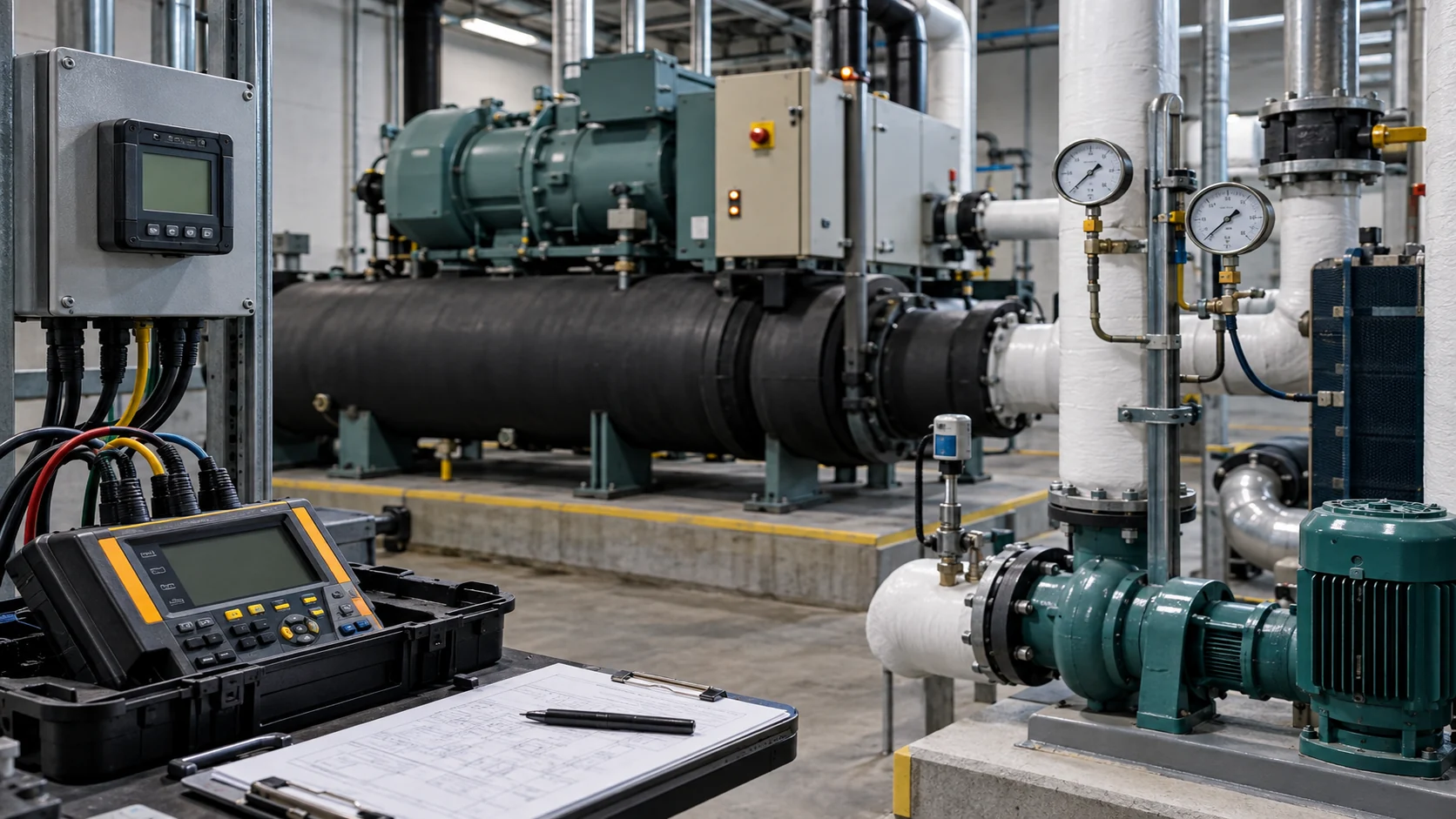 Industrial chiller efficiency and part-load review Physical engineering review scene with kW per ton, IPLV, leaving-fluid temperature, condenser approach and variable-speed pump measurements
