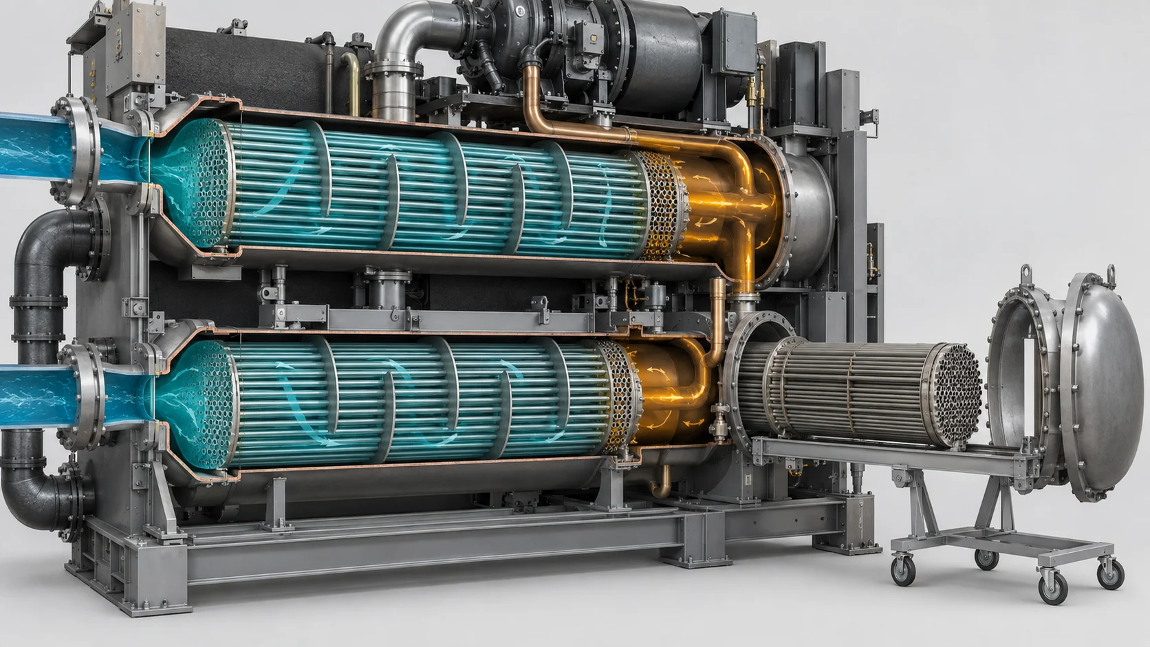 Industrial chiller evaporator and condenser heat exchangers Cutaway industrial chiller heat exchangers with shell-and-tube condenser, evaporator tubes, headers, baffles and service clearances