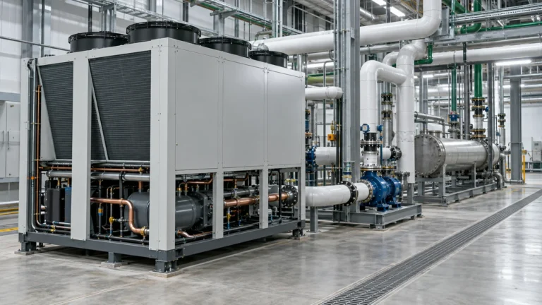 Factory-installed industrial process chiller beside insulated process-fluid pipes, pump skid, heat exchanger and a clean manufacturing line