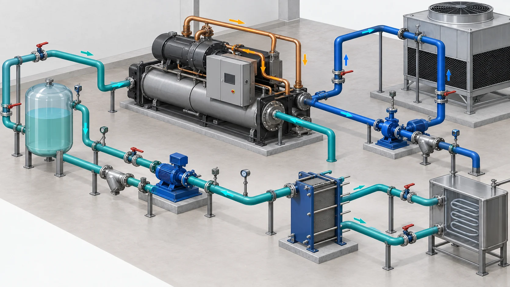 Industrial chiller loop components and flow Isometric process cooling loop with industrial chiller, evaporator loop, condenser-water loop, pumps, buffer tank, valves and process heat exchanger