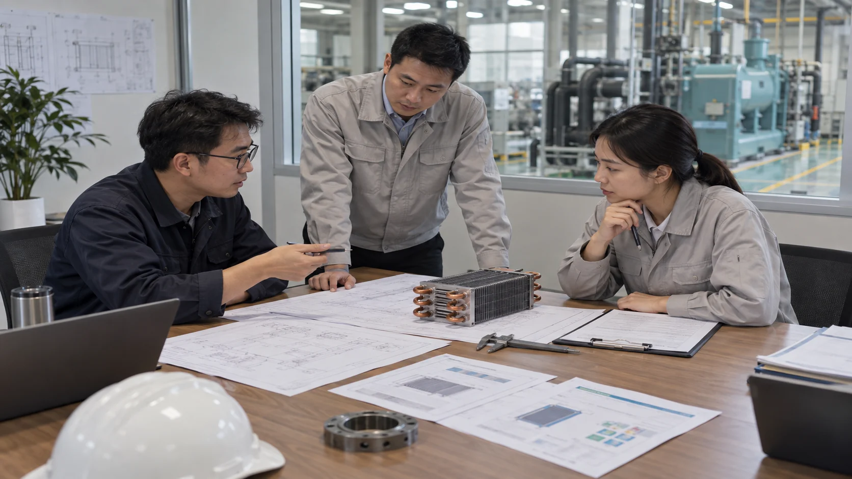 Industrial chiller RFQ and quality review Asian procurement and manufacturing engineers reviewing an industrial chiller RFQ, heat-exchanger drawing, rating sheet and inspection checklist