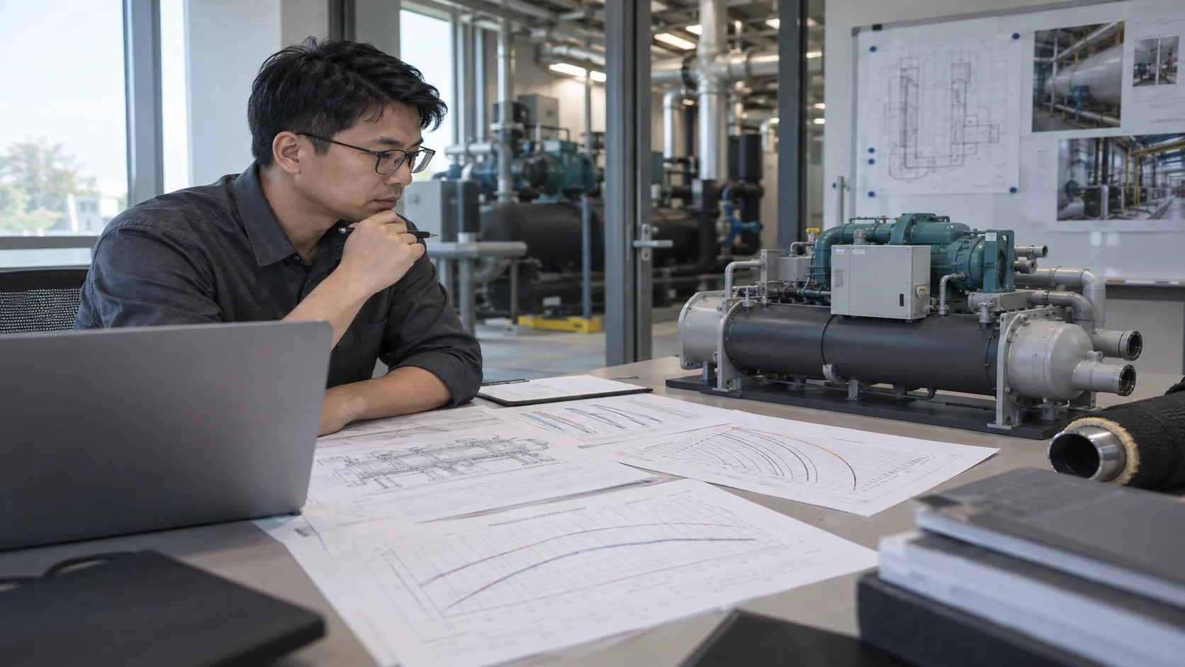 Industrial chiller sizing engineering review Asian process-cooling engineer reviewing peak heat load, supply and return temperature, flow, glycol concentration and part-load curves beside a chiller model