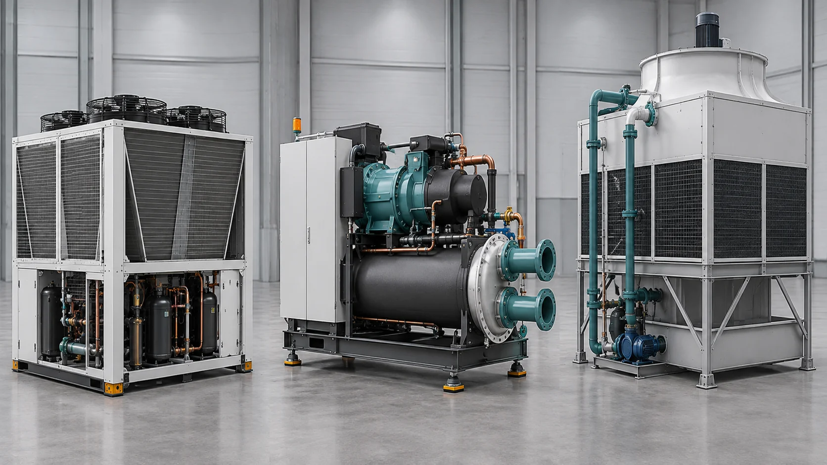 Industrial chiller types and heat-rejection methods Three distinct industrial chiller packages for process duty: air-cooled, water-cooled and evaporative heat rejection shown as clean equipment silhouettes at different scales