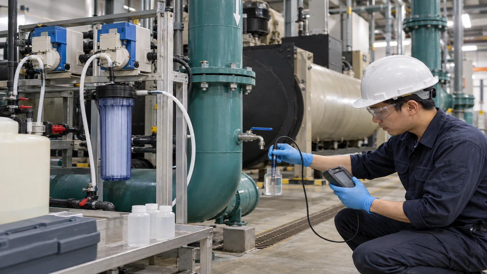 Industrial chiller condenser-water treatment inspection Asian facilities technician sampling an industrial condenser-water loop with conductivity meter, side-stream filter, dosing pumps and clean service area