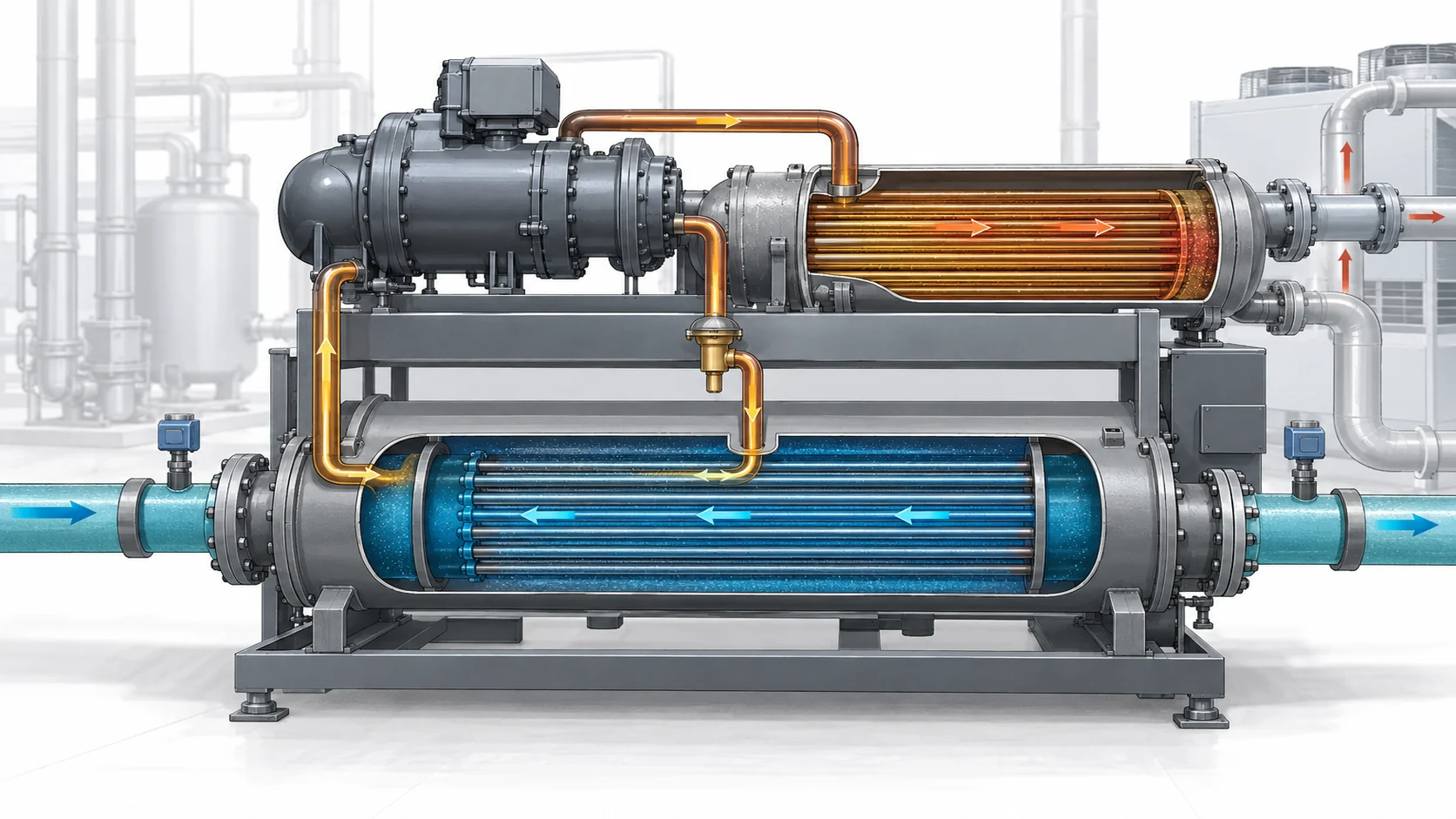 Industrial chiller working principle and refrigerant circuit Technical cutaway of an industrial process chiller showing refrigerant evaporator, compressor, condenser, expansion valve and process-fluid flow arrows