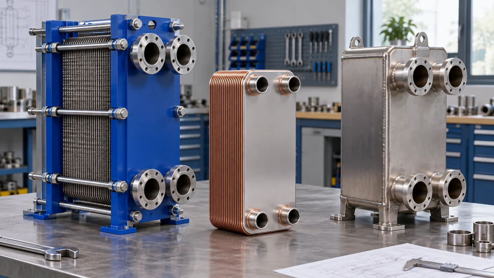 Plate heat exchanger construction types Gasketed, brazed and welded plate heat exchanger construction comparison in an engineering workshop