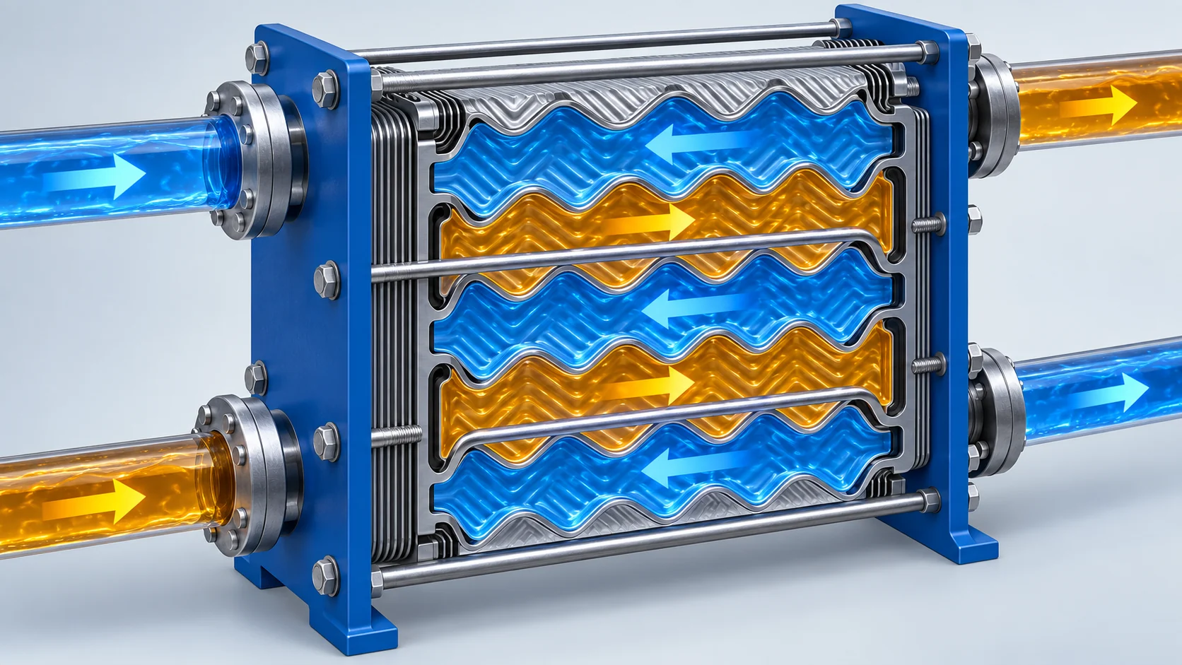 Plate heat exchanger counterflow layout Counterflow arrangement through corrugated plate heat exchanger channels with inlet and outlet pipes