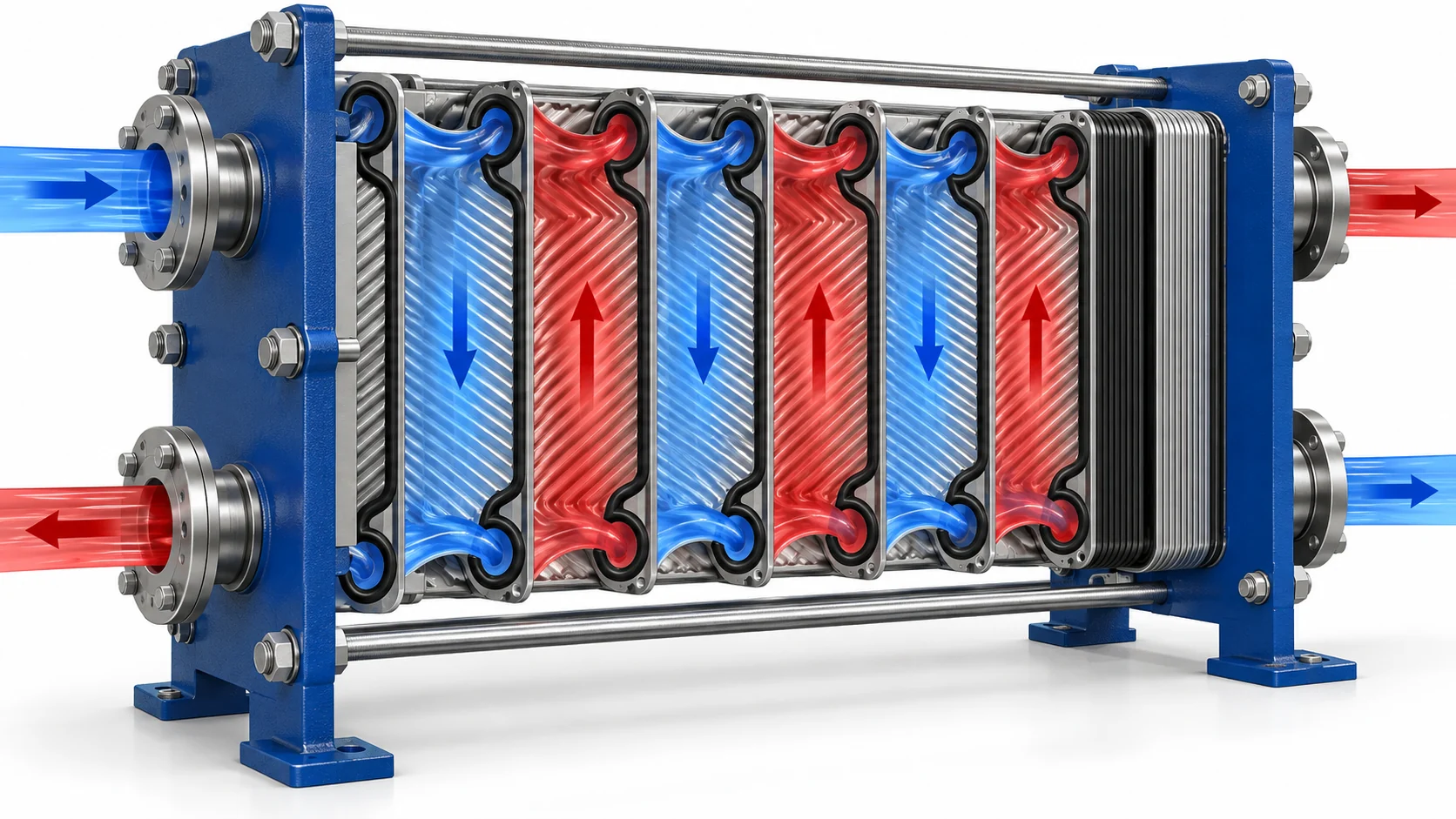 Plate heat exchanger alternating flow channels Cutaway of a gasketed plate heat exchanger showing alternating fluid channels between corrugated plates