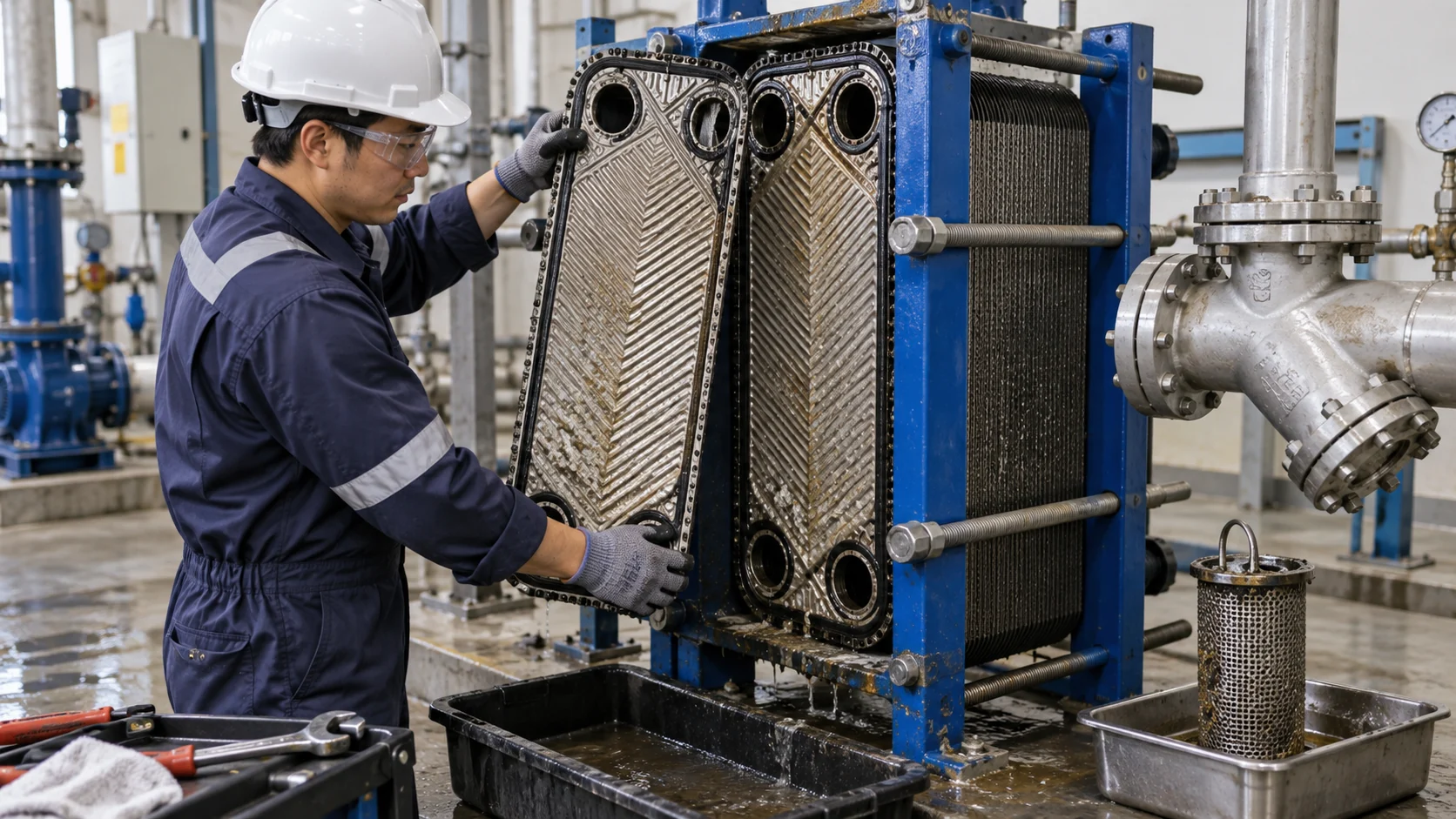 Plate heat exchanger fouling inspection Asian maintenance engineer opening a gasketed plate heat exchanger for fouling inspection