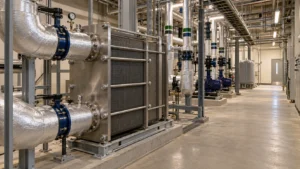 Salle technique commerciale avec un échangeur de chaleur à plaques en inox sur châssis, collecteurs d’eau glacée isolés, pompes et allée de service propre.