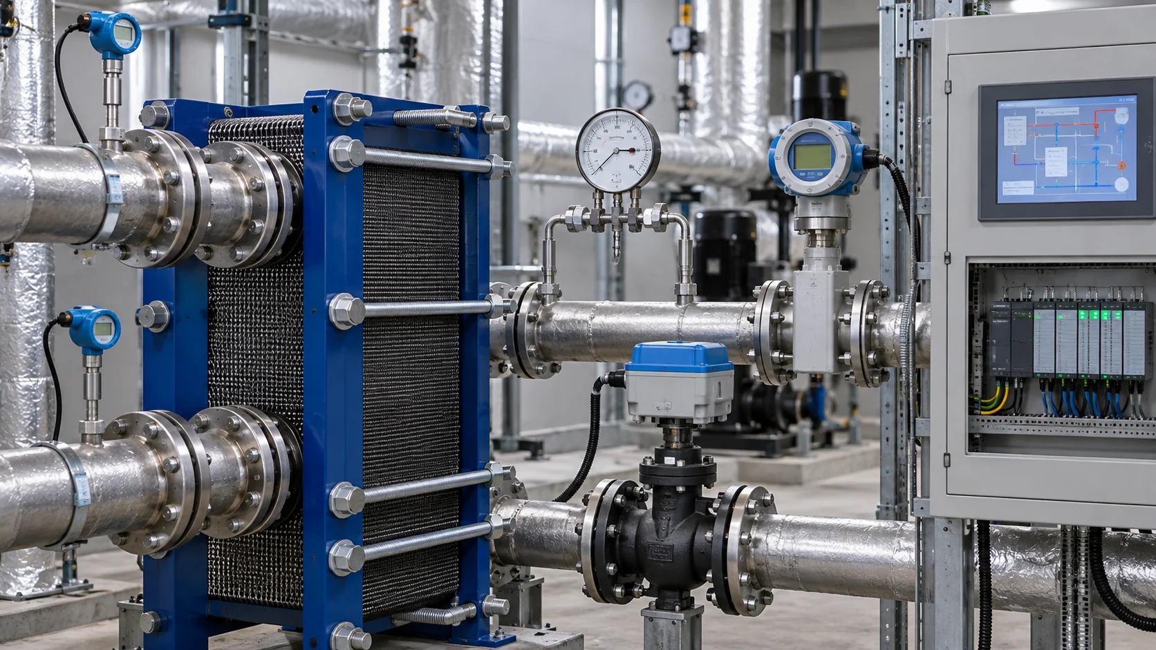 Plate heat exchanger instrumentation and controls Plate heat exchanger temperature probes, differential pressure gauge, flow meter and control valve