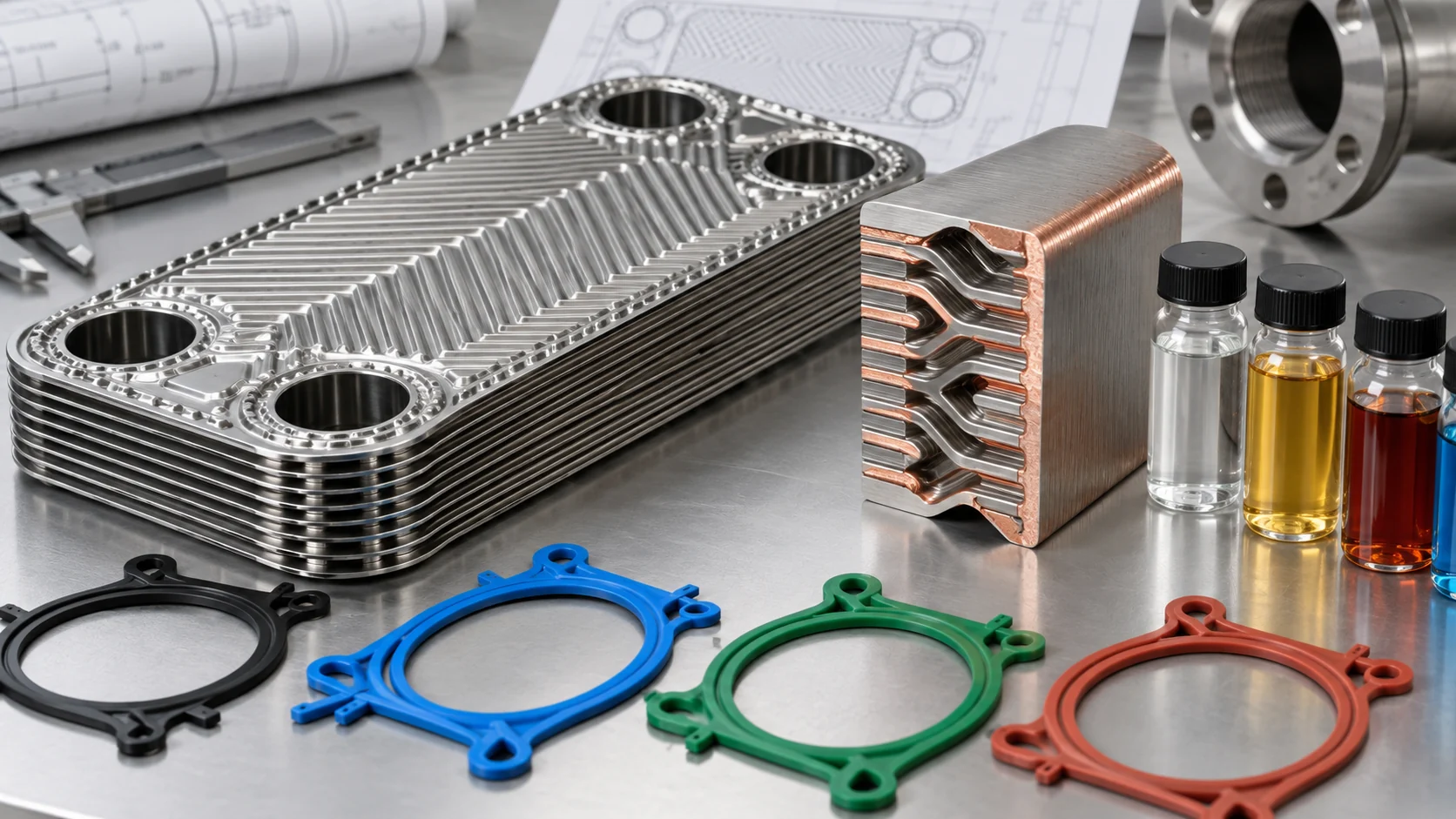 Plate heat exchanger materials and gaskets Stainless plates, gasket profiles, copper brazed cross-section and fluid samples