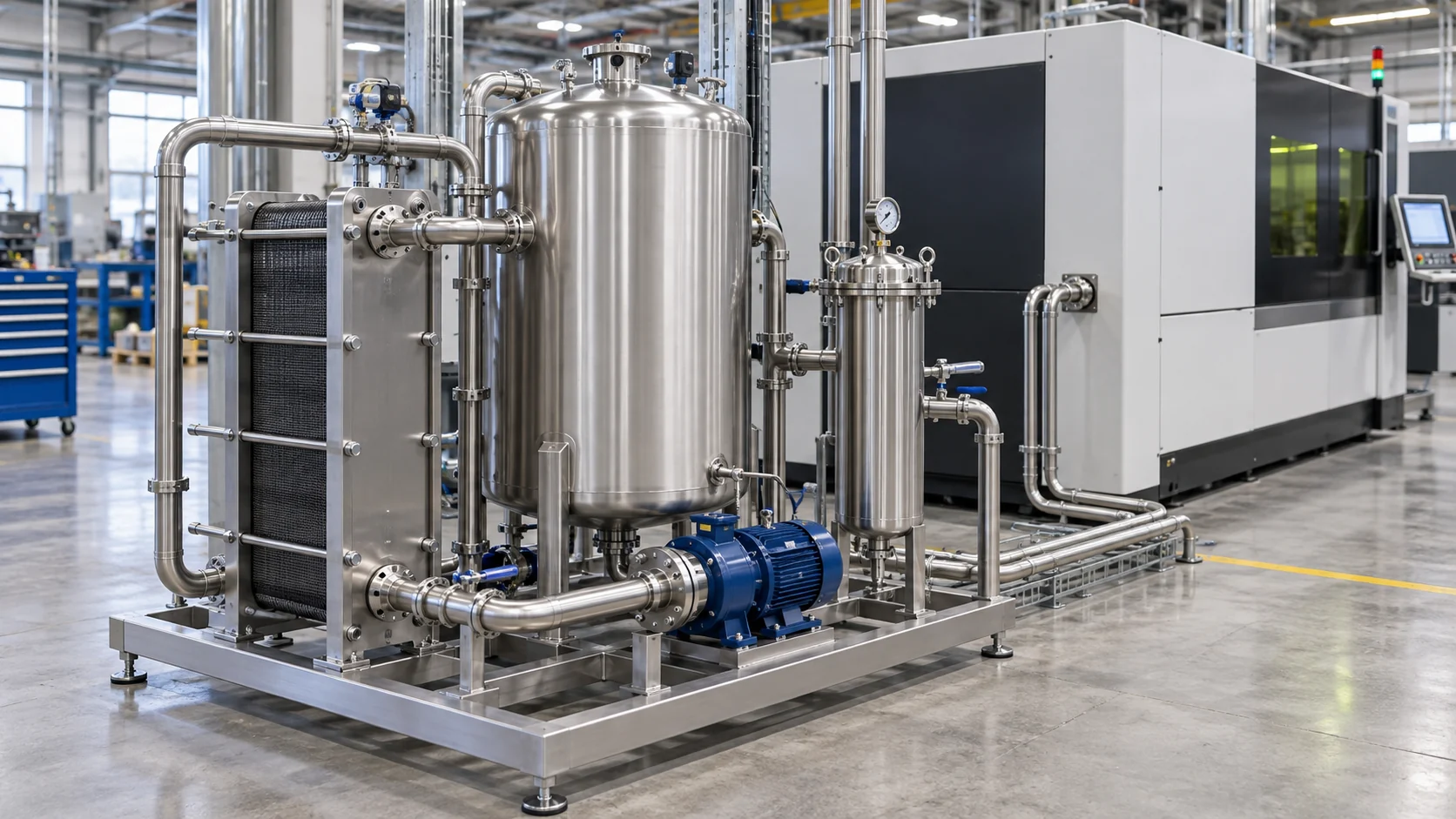 Plate heat exchanger process cooling skid Stainless process cooling skid with plate heat exchanger, buffer tank, pump and filtration