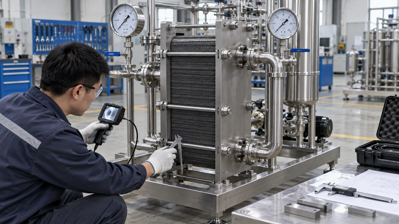 Plate heat exchanger quality inspection Asian quality engineer performing pressure-test and dimensional inspection on a plate heat exchanger skid