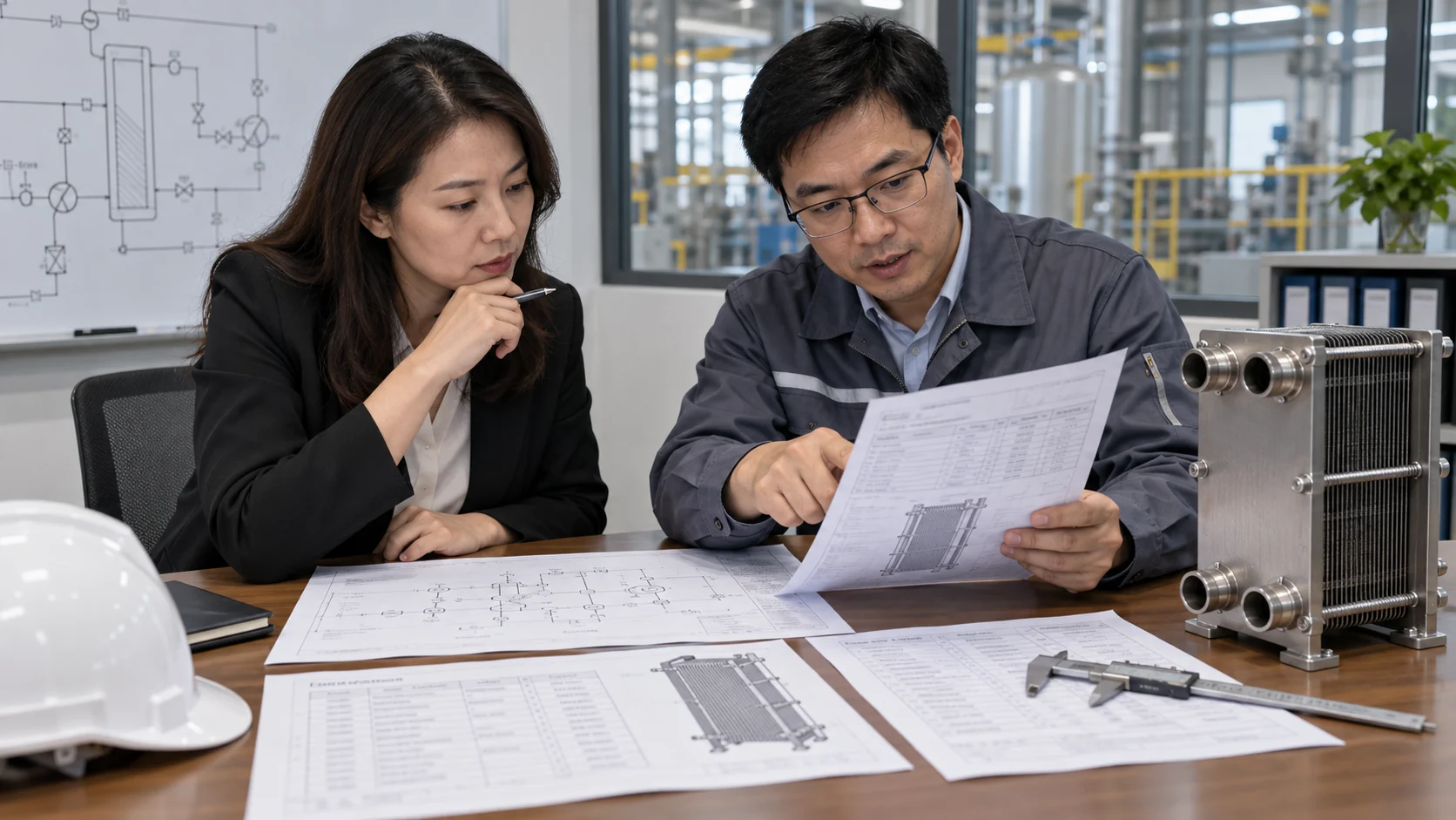 Plate heat exchanger RFQ checklist Asian procurement and mechanical engineering team reviewing rating sheet, P&ID and material callout