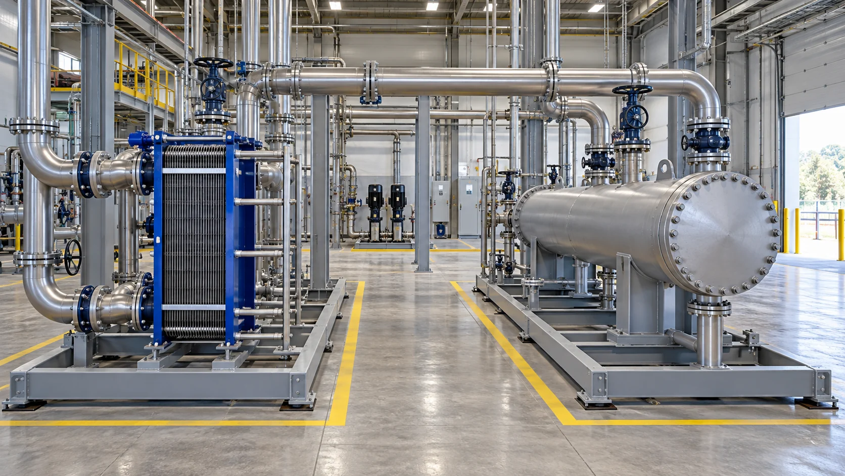 Plate heat exchanger versus shell-and-tube Plate heat exchanger and shell-and-tube exchanger on parallel industrial skids