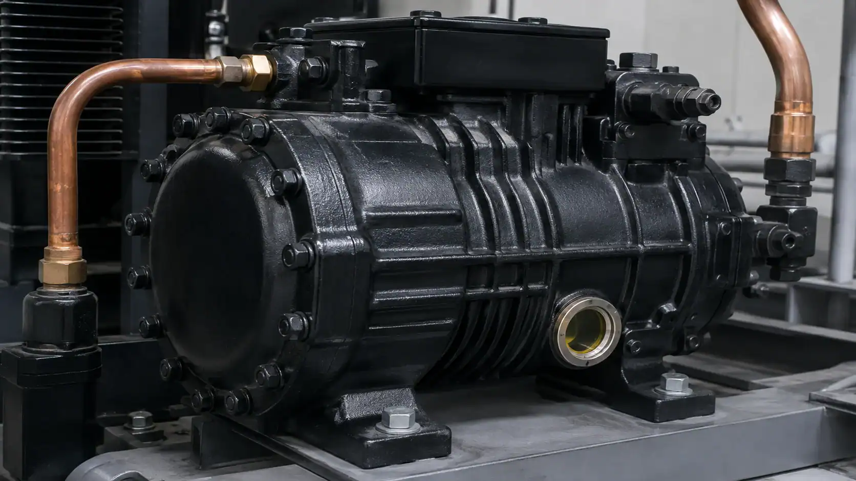 Close view of a semi-hermetic reciprocating refrigeration compressor with sight glass, service valves and copper lines