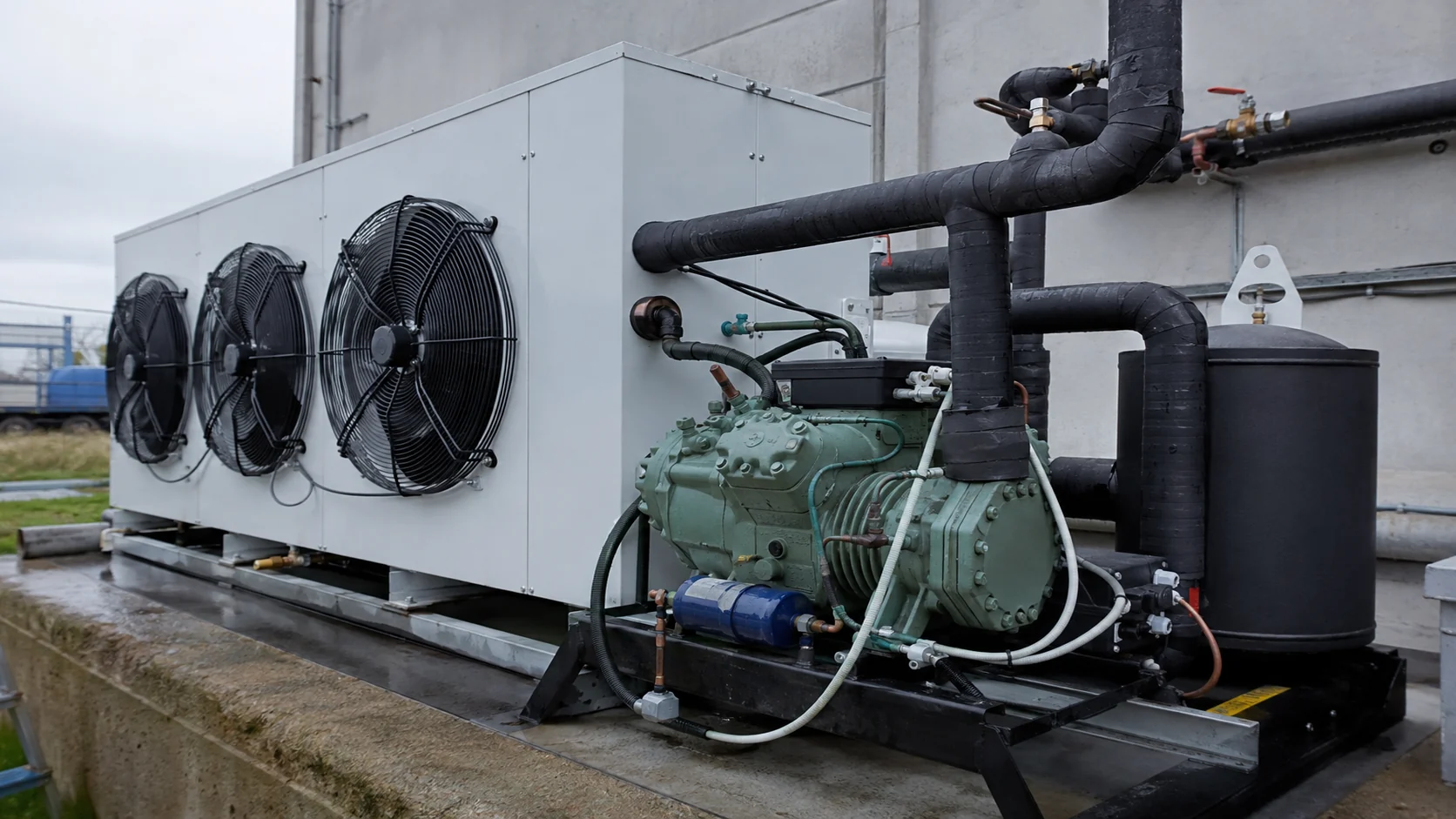 Air-cooled condenser and refrigeration compressor package at a commercial cold-storage facility with insulated lines