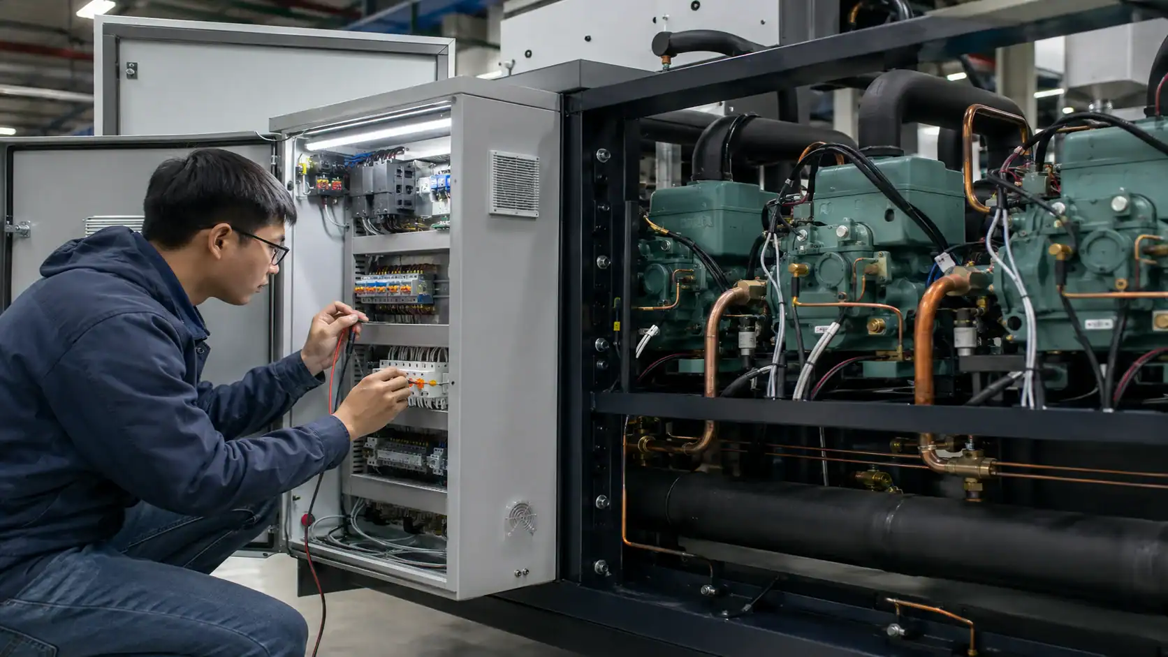 Technician inspecting industrial refrigeration control panel for optimal performance.