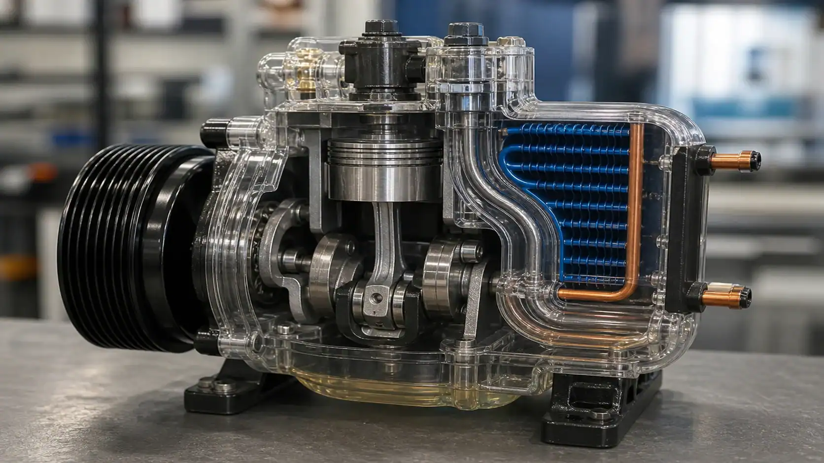 High-quality refrigeration compressor with transparent casing and cooling coil.