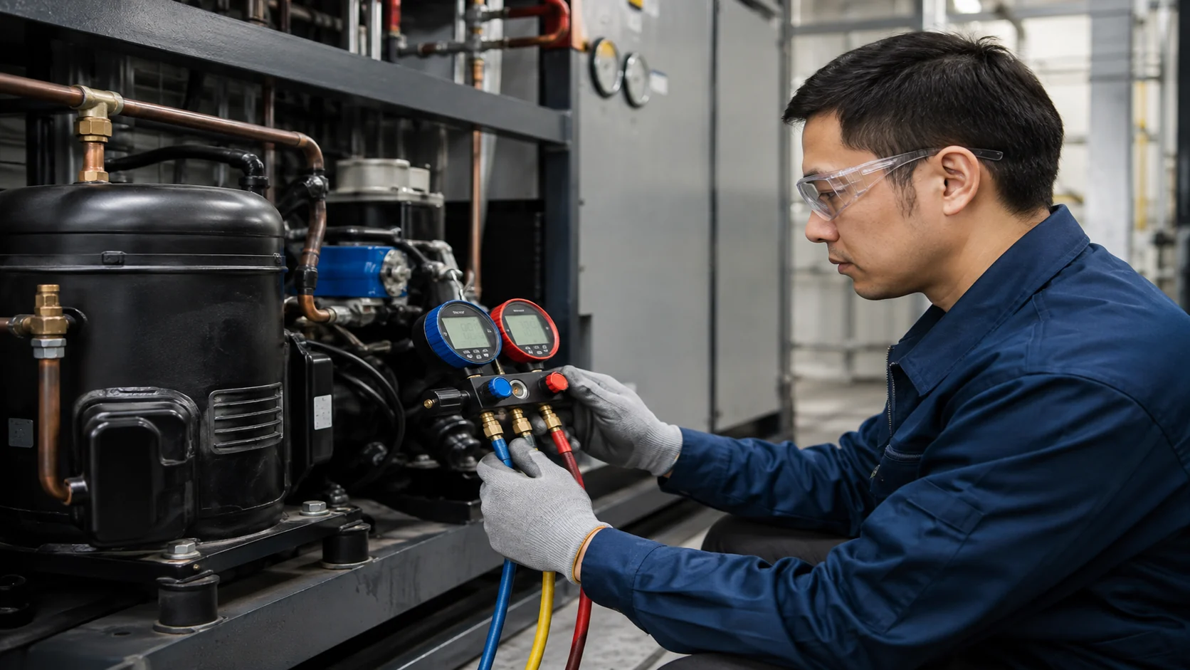 Asian HVACR engineer using digital gauges to measure suction and discharge pressure at a refrigeration compressor
