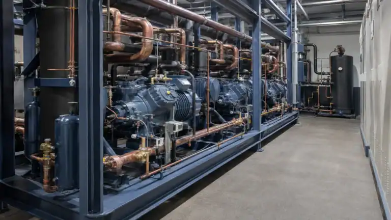 Промышленная холодильная система с компрессорами и трубами в Domi Refrigeration.