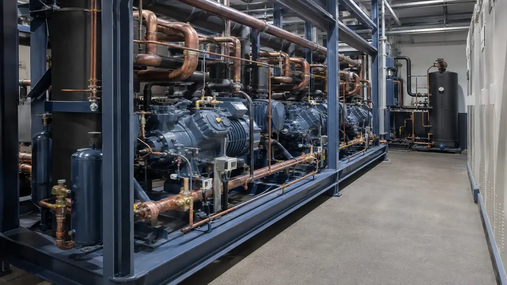 Industrial refrigeration compressor room with semi-hermetic compressors, copper piping and clear service access