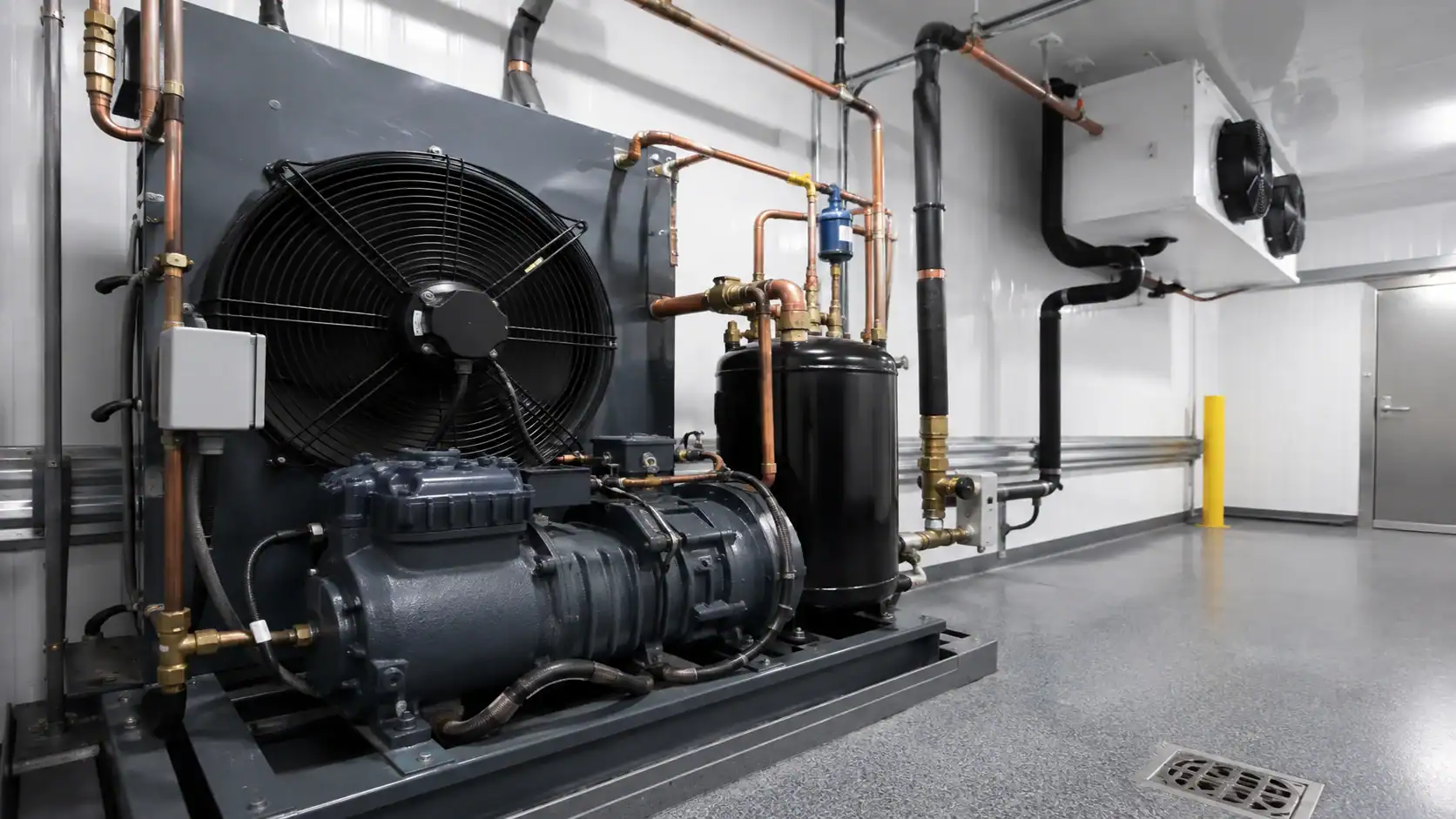 Industrial refrigeration system with compressor and cooling units in a commercial setting.