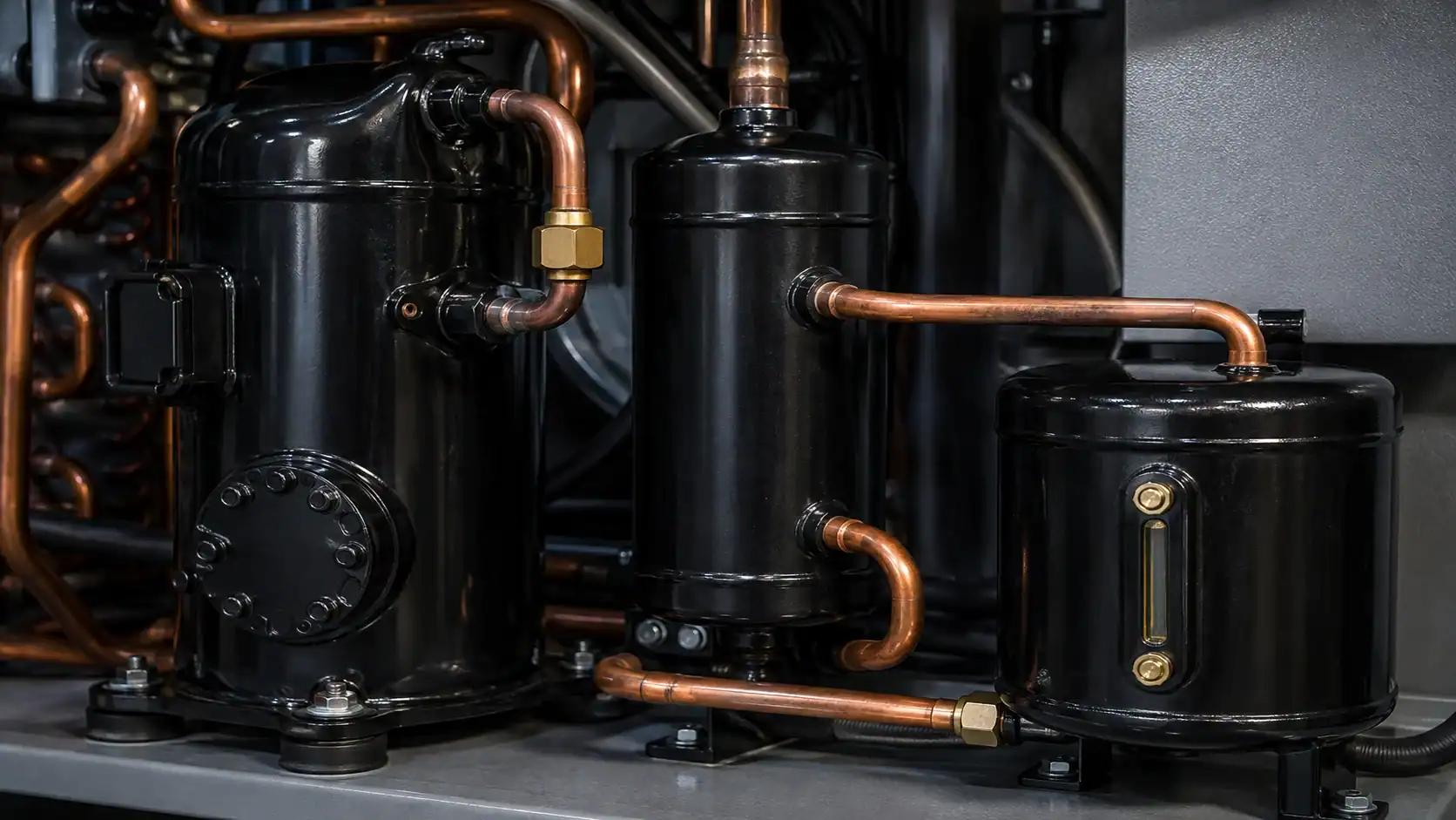 Close-up of industrial refrigeration system with copper pipes and black compressors.
