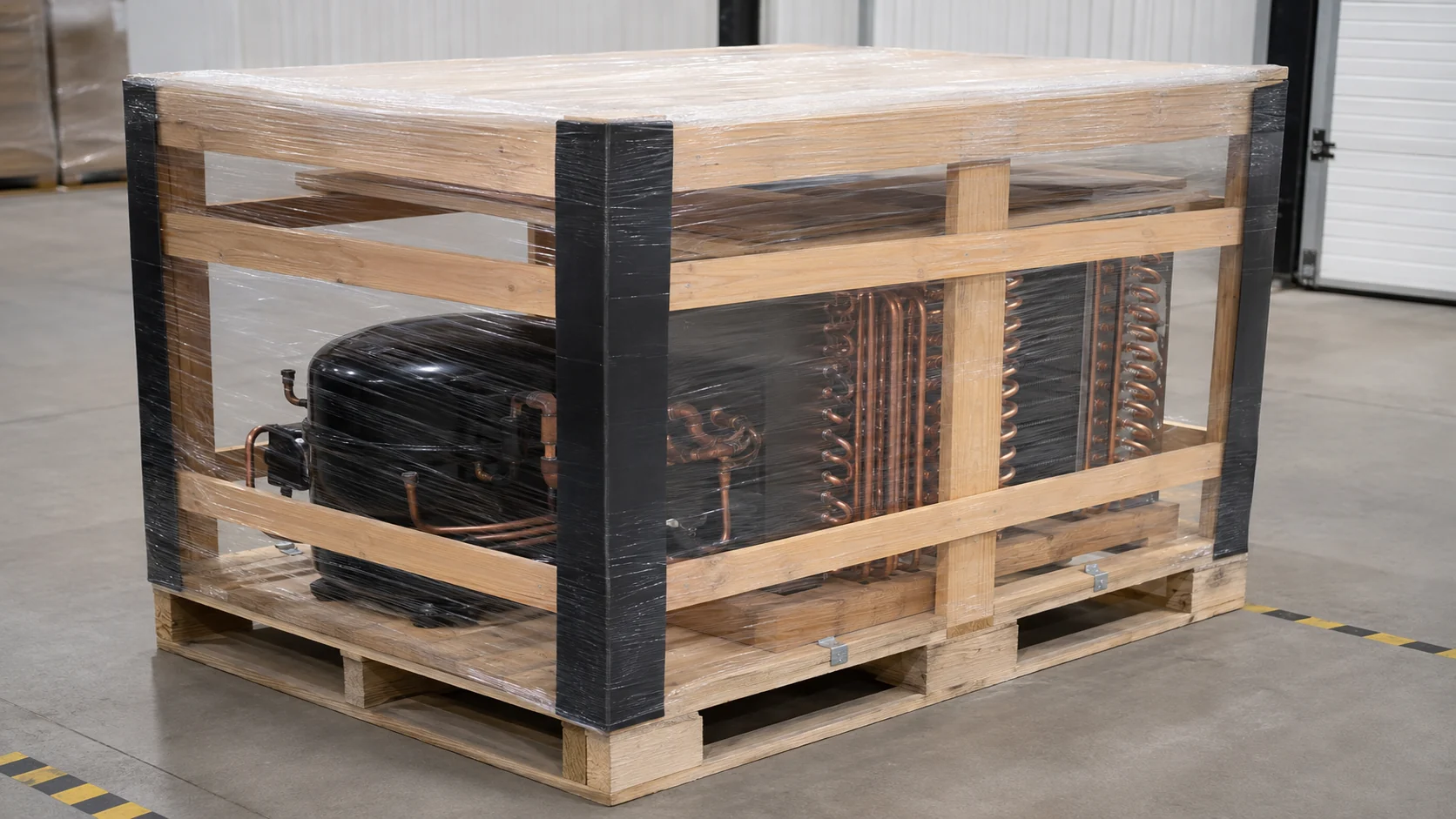 OEM refrigeration compressor and matched coil components protected in a wooden export crate on a pallet