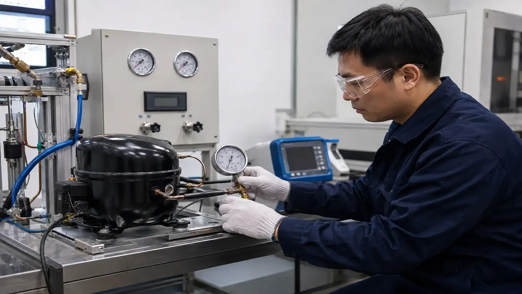 Refrigeration technician inspecting equipment in a lab setting.