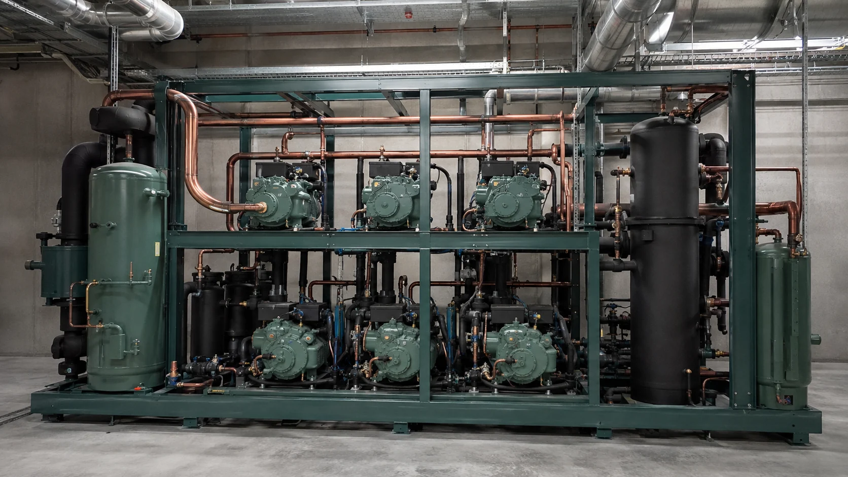 Commercial refrigeration rack with multiple compressors, oil separator, receiver and organized piping in a supermarket plant room
