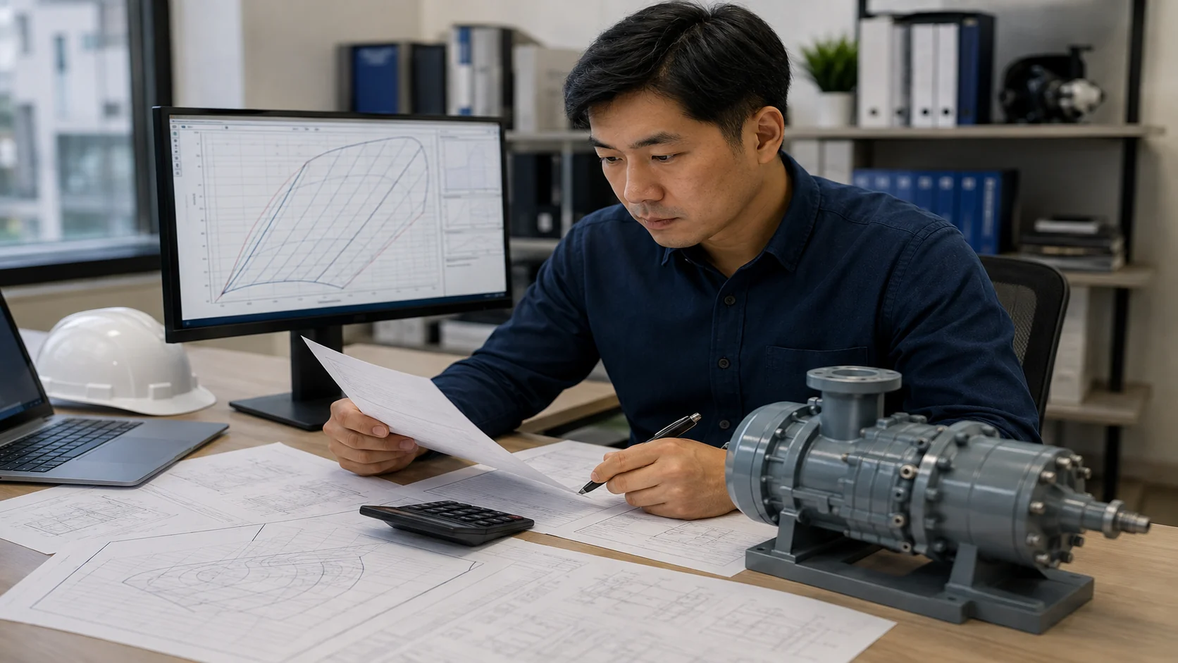 Asian refrigeration engineer reviewing load calculations and an operating envelope beside a compressor model at a workbench