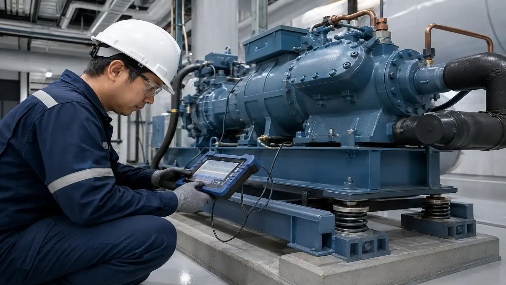 Technician inspecting industrial refrigeration compressor with diagnostic tool.