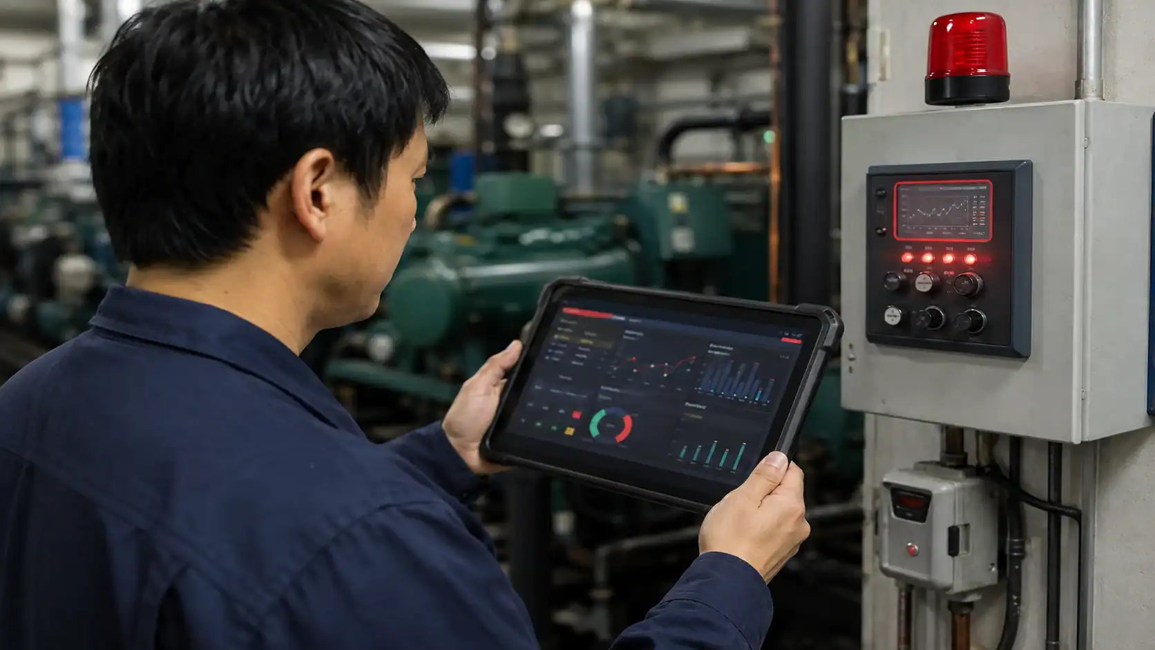 Refrigeration controller alarm monitoring Technician using tablet to monitor refrigeration system performance.