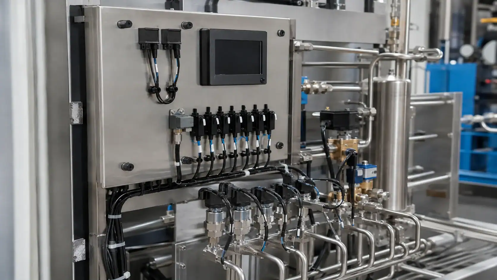 CO2 refrigeration controller and pressure sensors Industrial refrigeration system with control panel and piping by Domi Refrigeration.