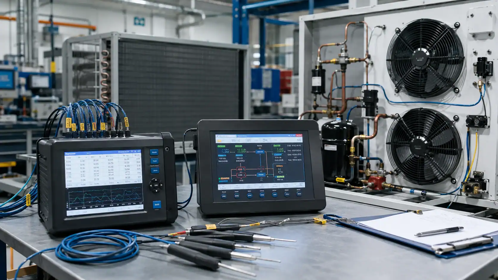 Refrigeration controller commissioning test Technicians testing commercial refrigeration system with digital tools.