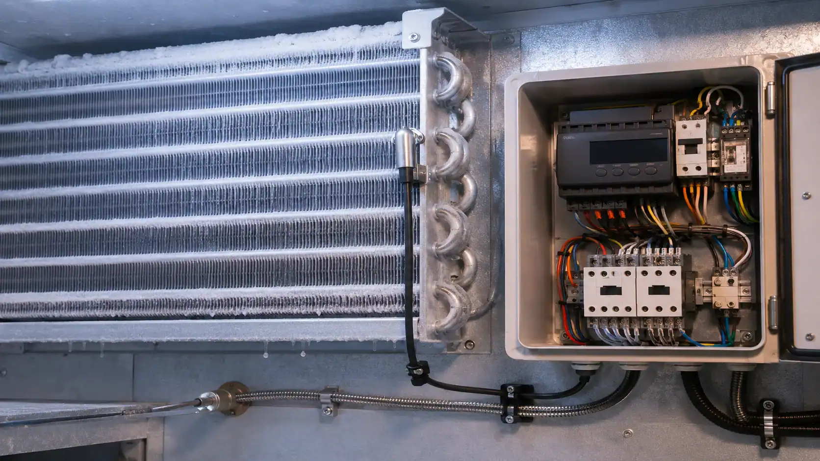Refrigeration controller defrost management Close-up of refrigeration system with cooling coils and control panel.