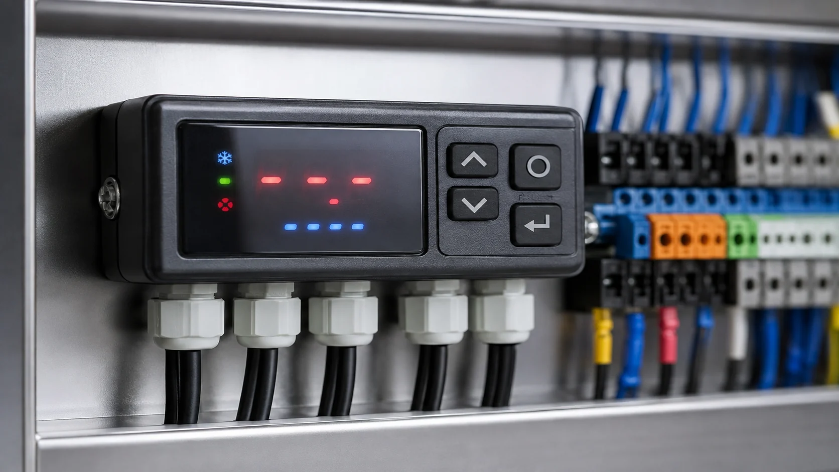 Digital refrigeration temperature controller Close-up of a digital refrigeration temperature controller mounted in a stainless enclosure with terminals and sensor cables