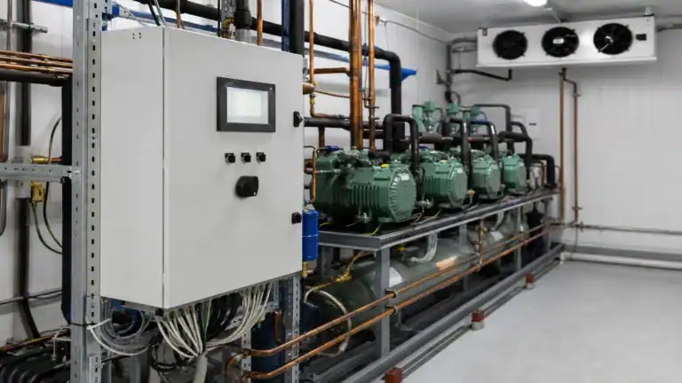 Industrial refrigeration system with compressors and control panel.