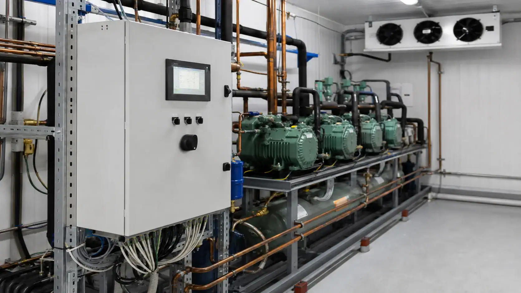 Industrial refrigeration controller installation Industrial refrigeration system with compressors and control panel.